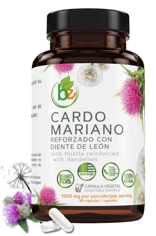 Bottle of Milk Thistle and Dandelion Root capsules showing 90 vegan capsules with 1500 mg per serving