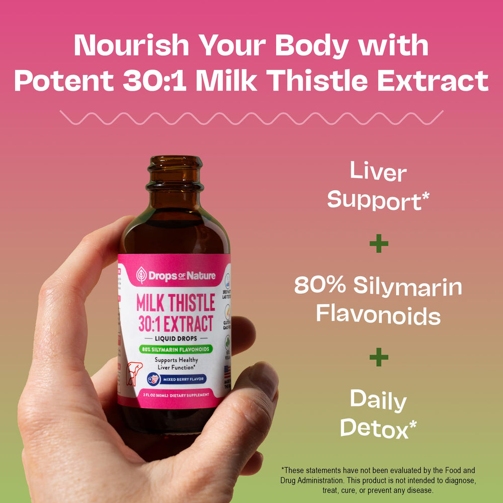 Close-up of Milk Thistle Drops bottle with 80% silymarin, Mixed Berry