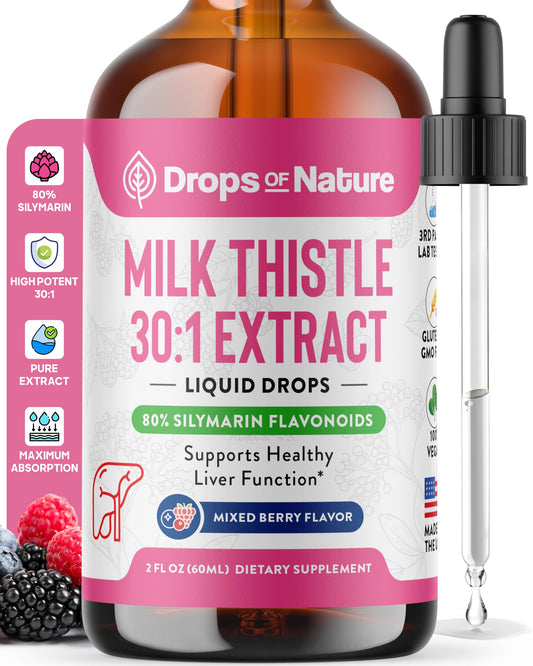 Bottle of Milk Thistle Drops with 80% silymarin in Mixed Berry flavor