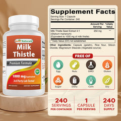 Packaging showing Best Naturals Milk Thistle Extract 1000mg - 240 capsules