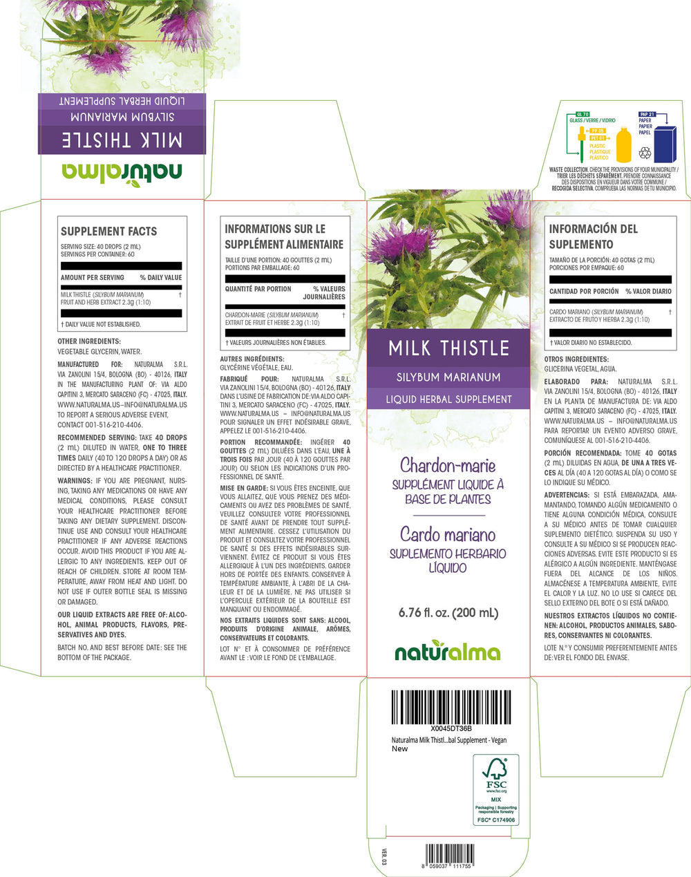 Milk Thistle liquid extract in drops showing 40 drops (2 ml) serving