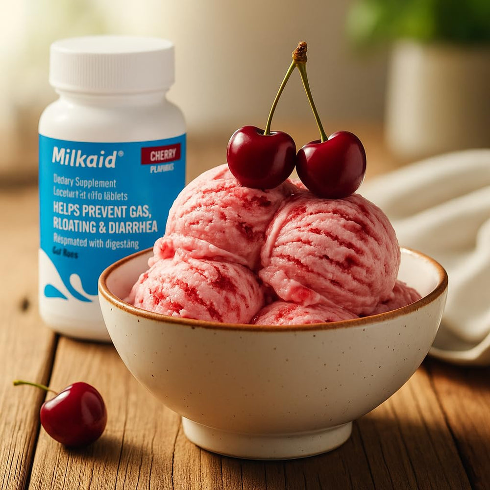Milkaid packaging showing lactase enzyme chewables for dairy digestion