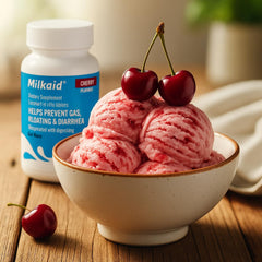 Milkaid packaging showing lactase enzyme chewables for dairy digestion