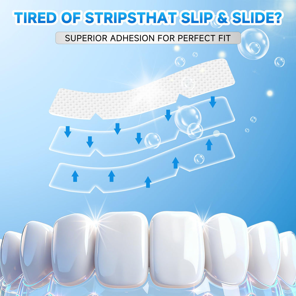 Whitening strips placed on upper and lower teeth