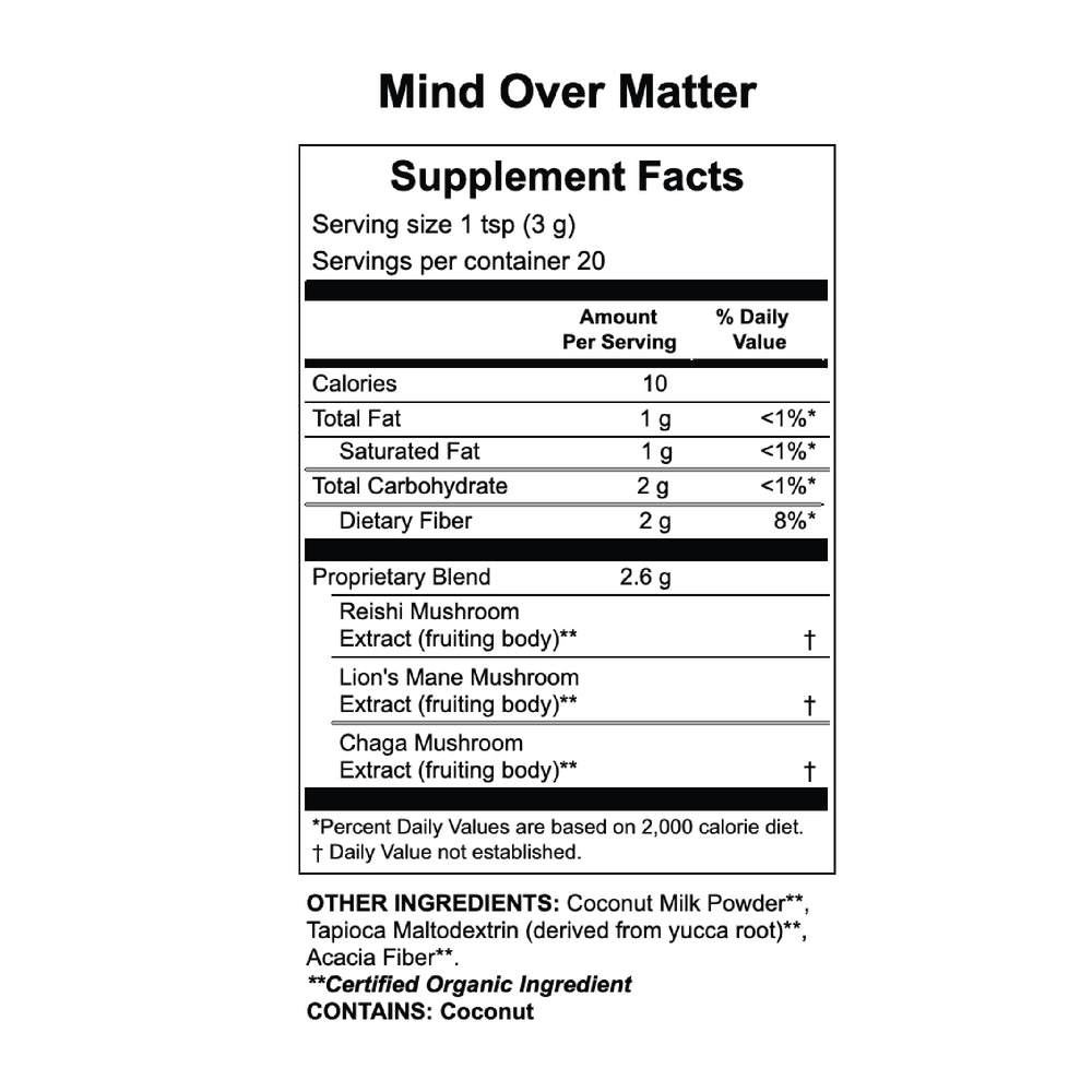 Serving suggestion: Mind Over Matter powder prepared in a glass