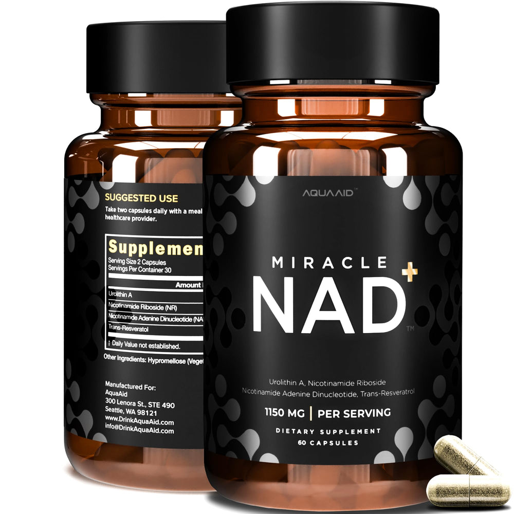 Miracle NAD+ supplement bottle with Urolithin A+, NR, NAD and Trans-Resveratrol