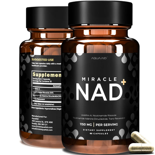 Miracle NAD+ supplement bottle with Urolithin A+, NR, NAD and Trans-Resveratrol