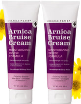 Miracle Plus Arnica Cream bottle highlights bruise relief and skin hydration benefits.