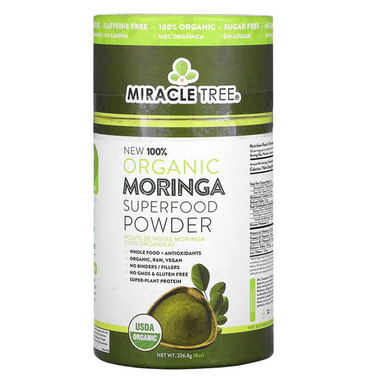 Miracle Tree Organic Moringa Powder 8 oz container close-up