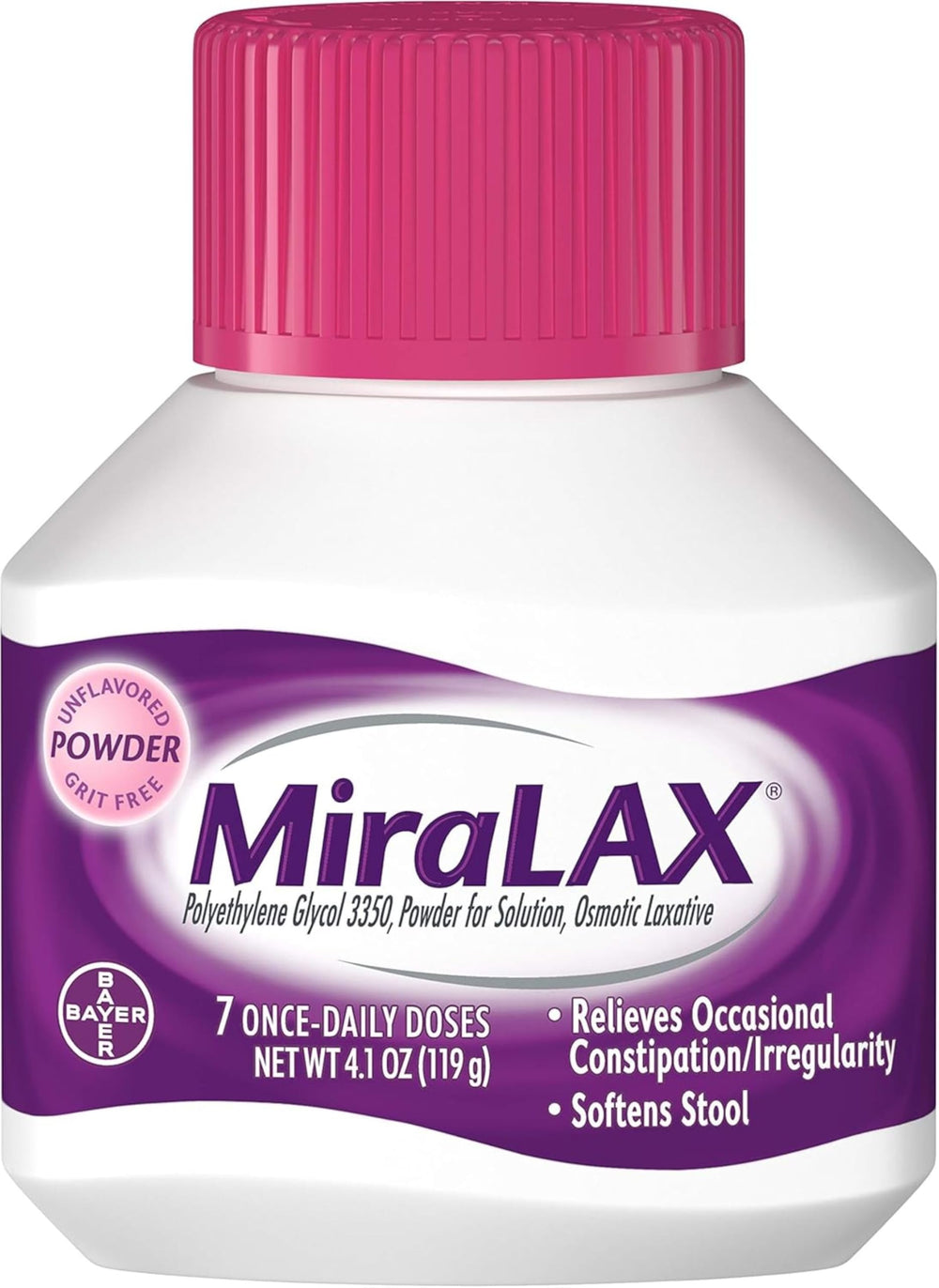 MiraLAX powder dissolving in water for gentle stool-softening relief.