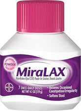MiraLAX powder dissolving in water for gentle stool-softening relief.