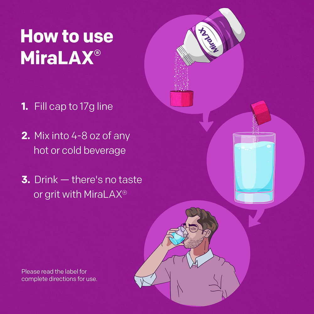 MiraLAX powder stirred into tea for gentle relief.