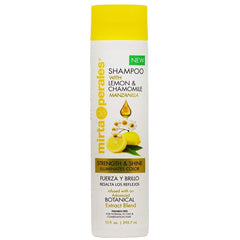 Mirta De Perales Lemon Chamomile Shampoo bottle shows shine promise