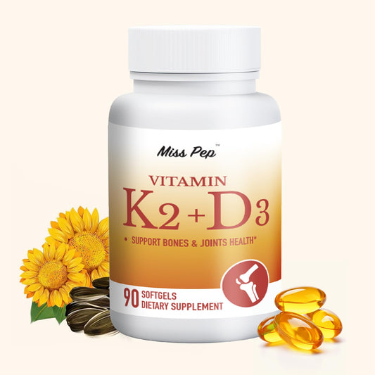 Miss Pep Vitamin D3 K2 bottle front with 90 softgels