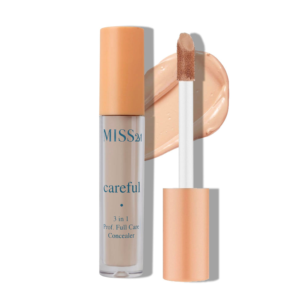 MISS2M Careful 3-in-1 matte concealer bottle closeup for a sleek, portable makeup base.