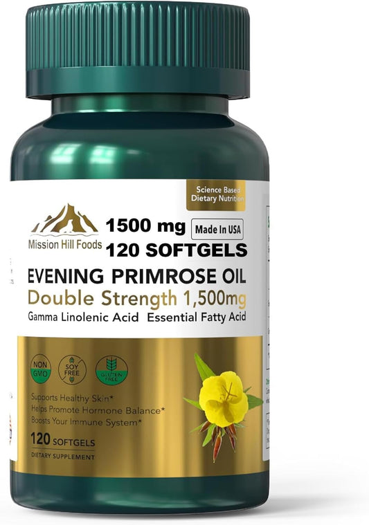 Bottle front view of Mission Hill Foods Evening Primrose Oil 1500mg softgels