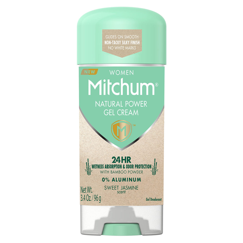 Mitchum Natural Power Gel Cream bottle with 96% naturally derived ingredients and aluminum-free protection.