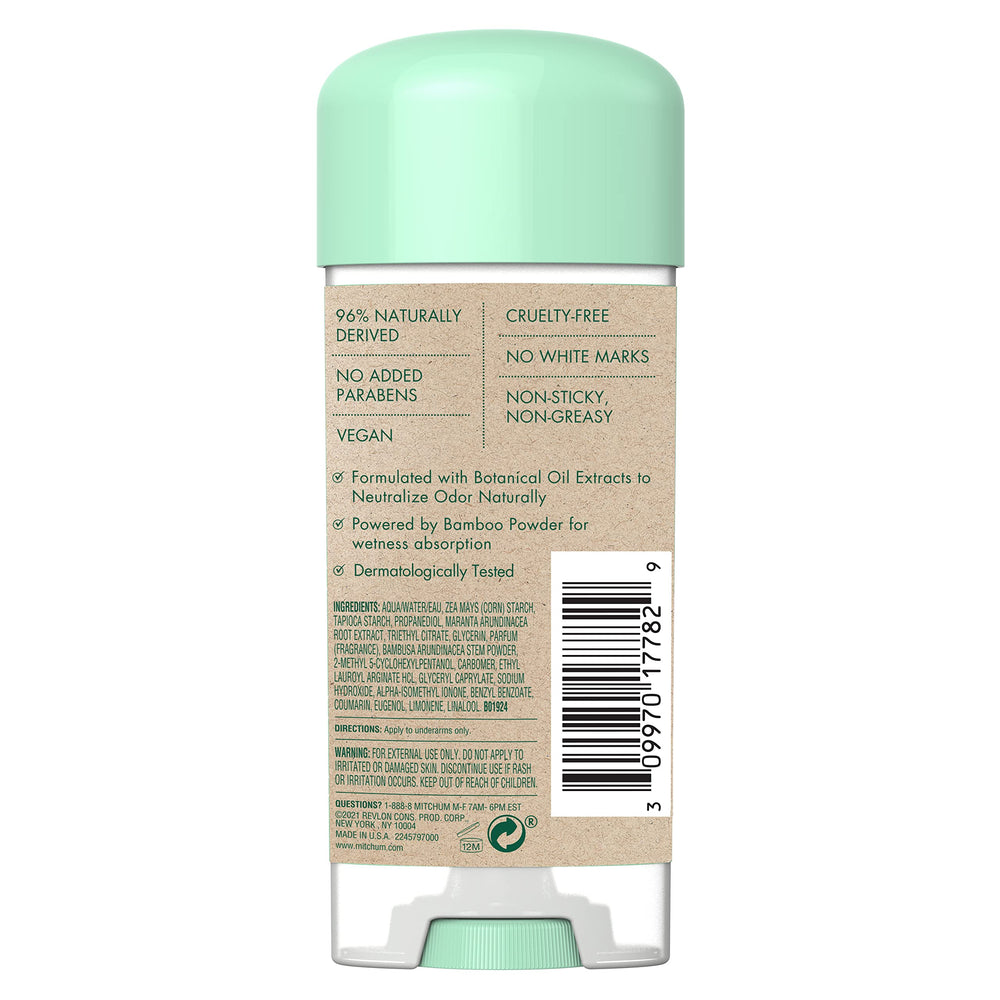 Brand packaging emphasizing vegan and cruelty-free commitments for Mitchum gel cream.