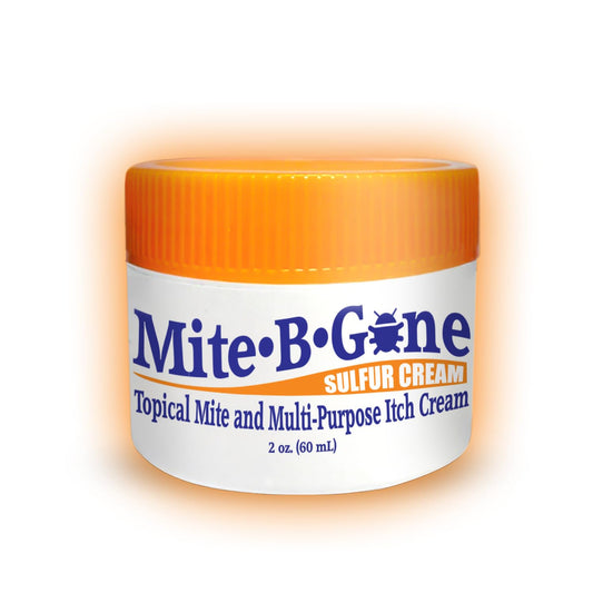 Mite-B-Gone cream jar closeup for quick itch relief and gentle skin care.