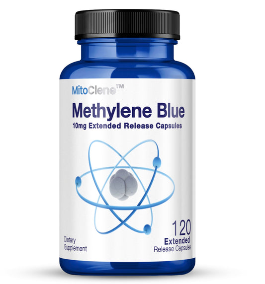 Bottle of MitoClene extended release 10mg methylene blue capsules