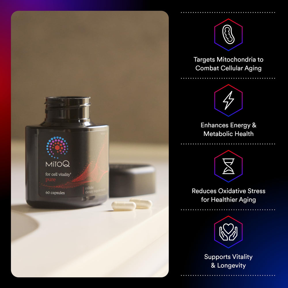 MitoQ Pure capsules close-up highlighting a targeted antioxidant for cellular energy support.