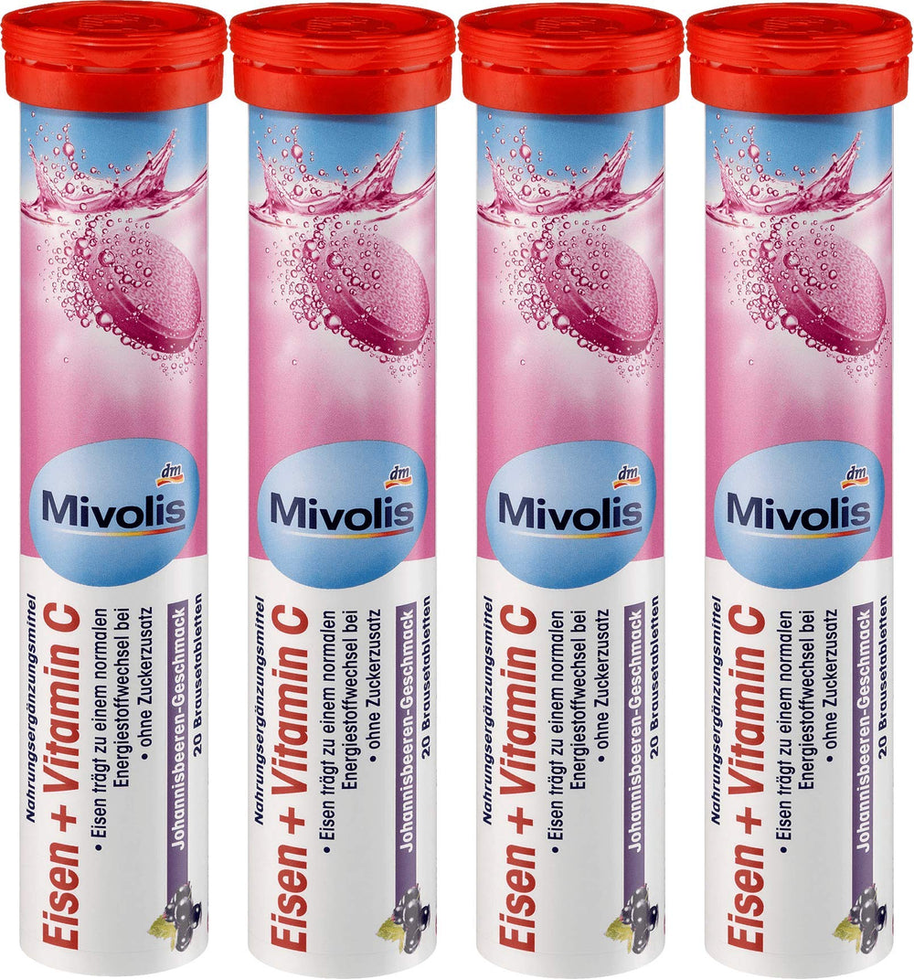 Close-up of Mivolis Iron + Vitamin C effervescent tablets in blister pack