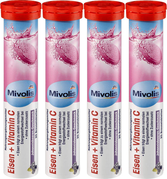 Close-up of Mivolis Iron + Vitamin C effervescent tablets in blister pack