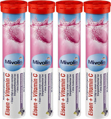 Close-up of Mivolis Iron + Vitamin C effervescent tablets in blister pack