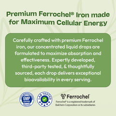 Label showing mixed berry flavor on iron drops bottle