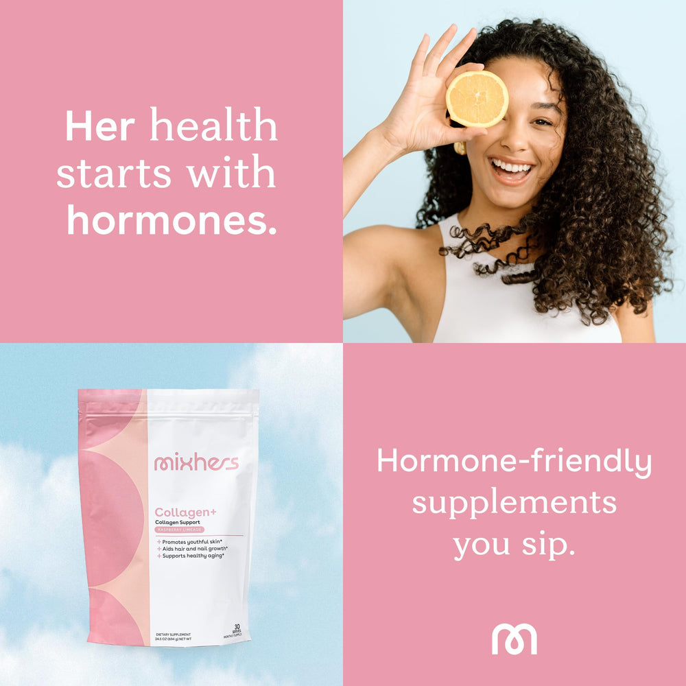 Lifestyle shot of MIXHERS Collagen Powder with raspberry limeade flavor