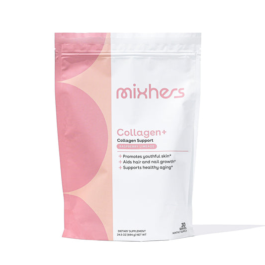 Front view of MIXHERS Collagen Powder Raspberry Limeade 30-Day Supply tub