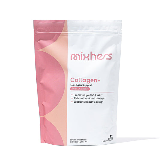 Mixhers Collagen Powder Vanilla Cream tub with scoop
