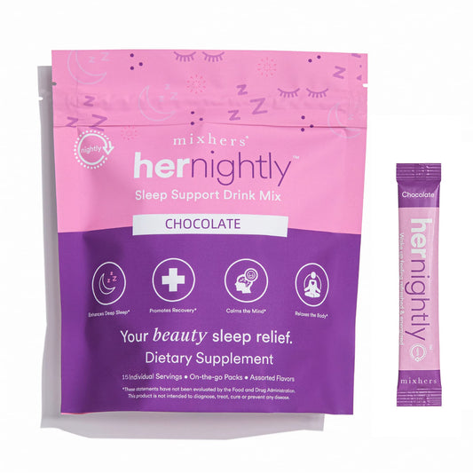 MIXHERS Sleep Support Chocolate Drink Mix packaging and sticks