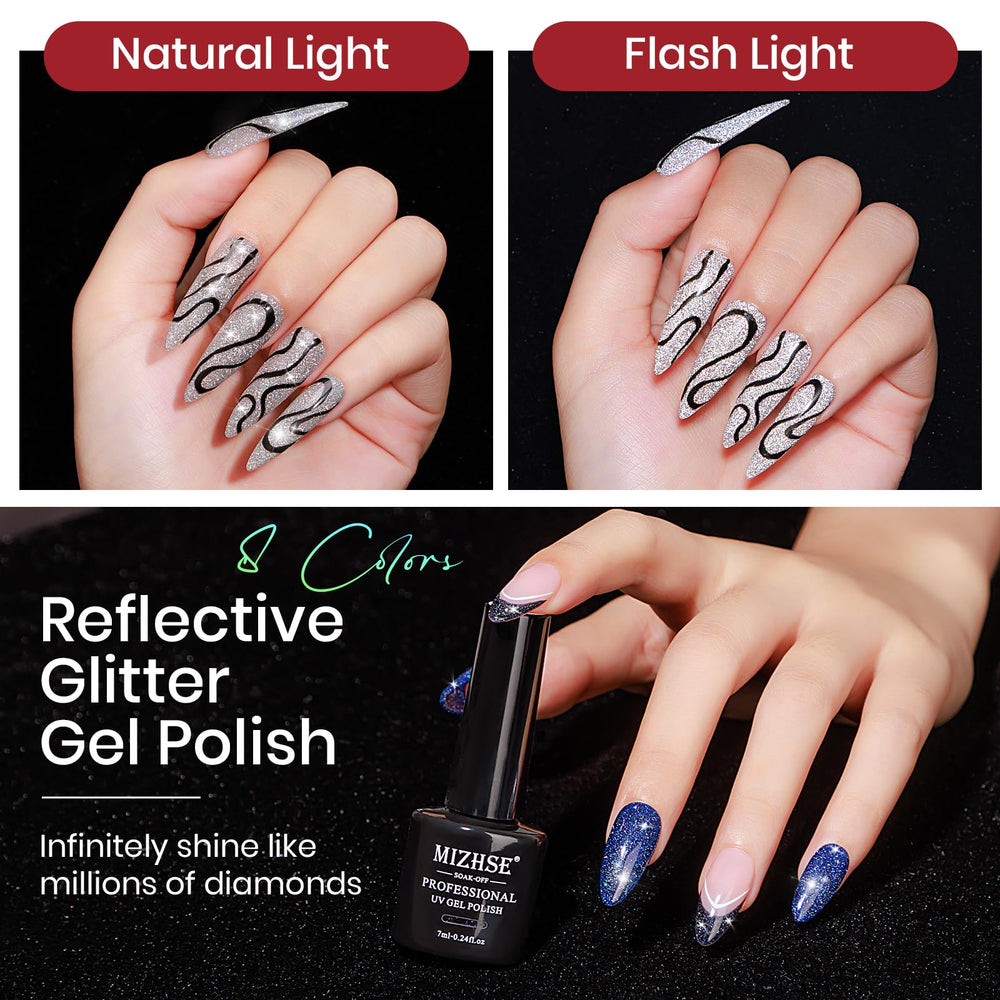 MIZHSE holographic disco-glow polish creates shifting shine in different angles.