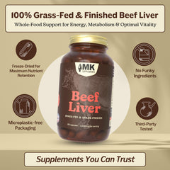 MK Supplements freeze-dried beef liver capsules highlighting nutrient-dense formulation.