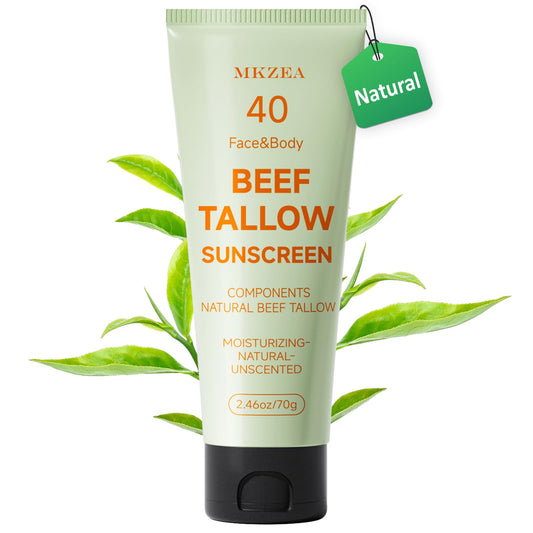 Mkzea Tallow Sunscreen on face bottle showing reef-safe daily hydration