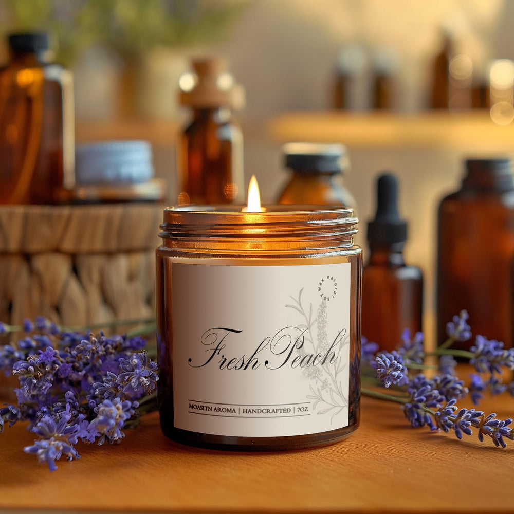 Candle gift packaging featuring brown glass jar and handwritten label