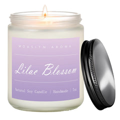 Front view of MOASITN Lilac Blossom Spring Soy Candle in a frosted 7oz jar