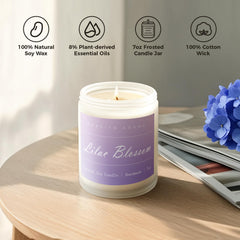 Candle burning with a clean flame showing Lilac, Lavender, Lemon scent notes
