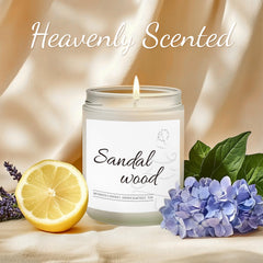 Close-up of MOASITN sandalwood candle 7oz jar with scent notes