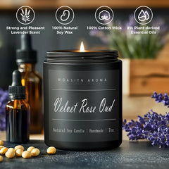 Close-up of Velvet Rose Oud candle label and wax
