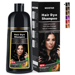 MOISTAR Black Hair Dye Shampoo bottle applying color to gray hair