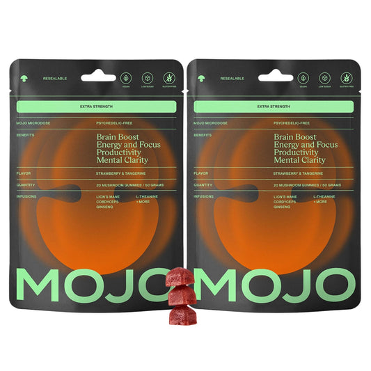 Close-up of Mojo Focus Gummies ingredients: Lion's Mane, Panax Ginseng, Ginger, Cordyceps and SAM-e