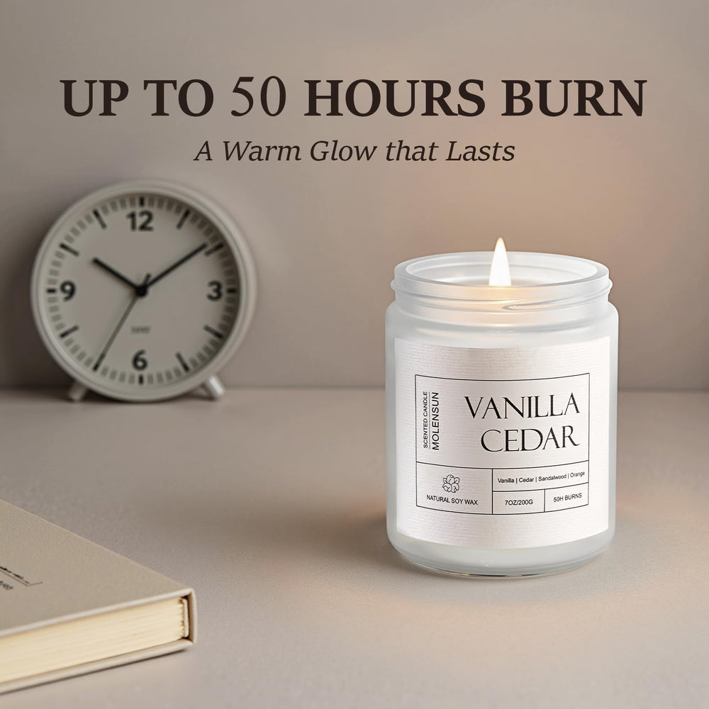 Holiday gift-ready Molensun Vanilla Cedar Candle on festive backdrop