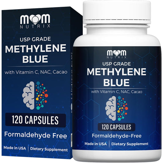 Front view of MOM Nutrix Methylene Blue capsules bottle