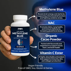 Vitamin C, NAC, and cacao powder ingredients graphic alongside bottle