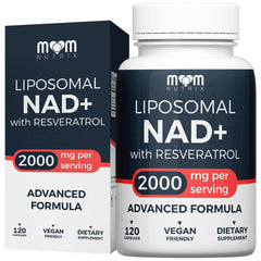 Front view of MOM NUTRIX NAD+ liposomal supplement bottle with Resveratrol