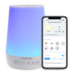 Momcozy baby sound machine blue front view promotes calmer evenings with soothing sounds.