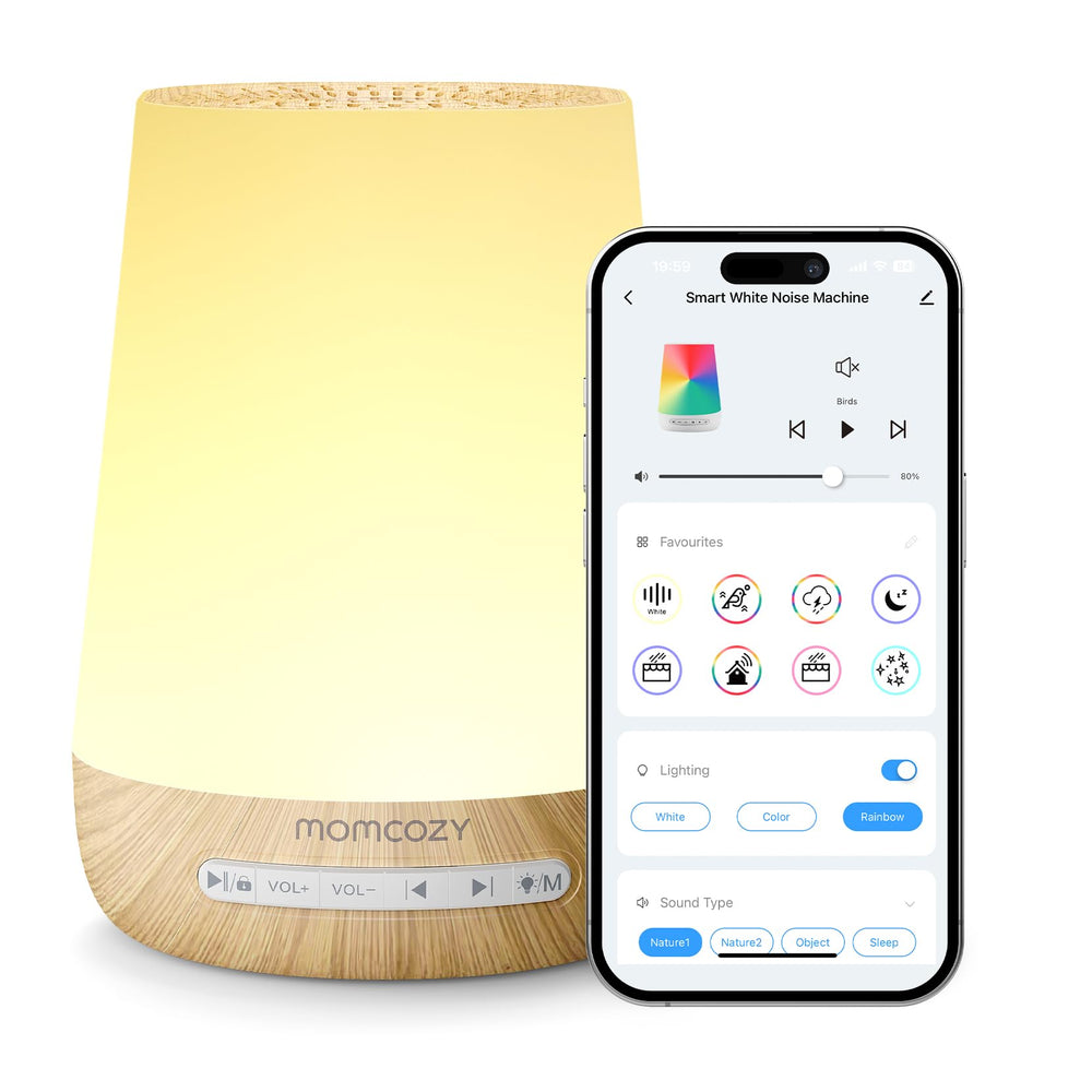 Momcozy baby sound machine wood grain front view promotes a calming bedtime.
