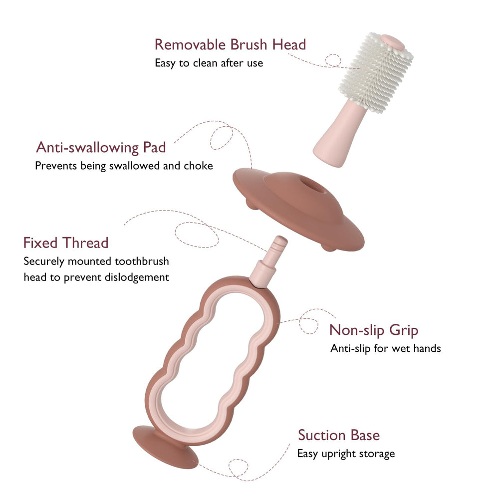 Infant toothbrush with suction base mounted on washstand